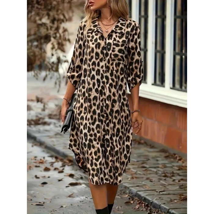 Kadın Uzun Kollu Yakalı önden Düğmeli Leopar Desenli Modal Midi Elbise