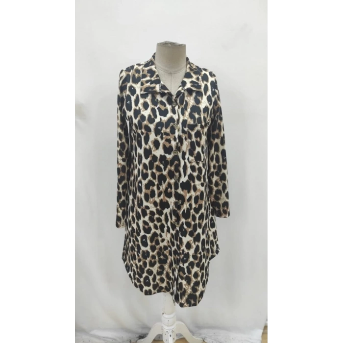 Kadın Uzun Kollu Yakalı önden Düğmeli Leopar Desenli Modal Midi Elbise