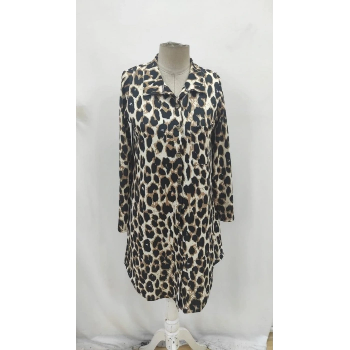 Kadın Uzun Kollu Yakalı önden Düğmeli Leopar Desenli Modal Midi Elbise