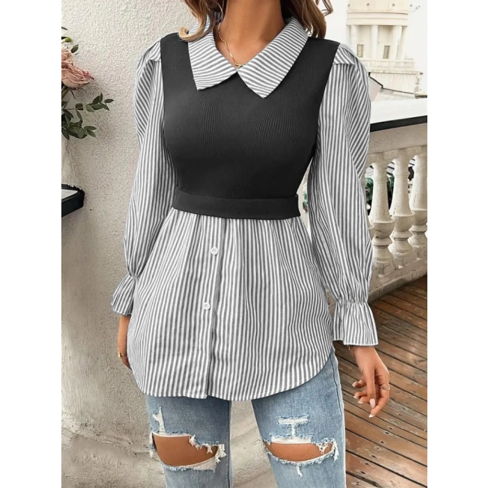 Kadın Uzun Kollu Yakalı önden Düğmeli Ottoman Bluz