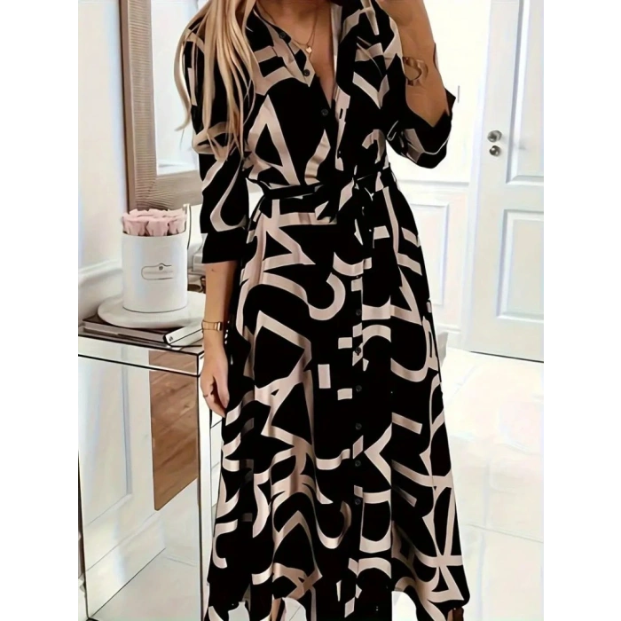 Kadın Uzun Kollu Yakalı önden Düğmeli Uzun Süprem Elbise