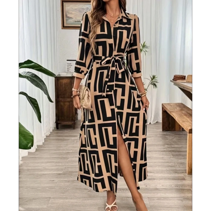 Kadın Uzun Kollu Yakalı önden Düğmeli Uzun Süprem Elbise