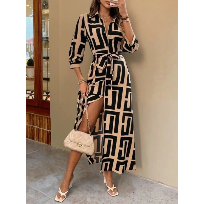 Kadın Uzun Kollu Yakalı önden Düğmeli Uzun Süprem Elbise