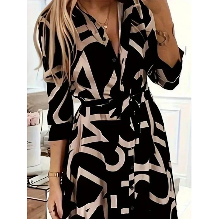 Kadın Uzun Kollu Yakalı önden Düğmeli Uzun Süprem Elbise