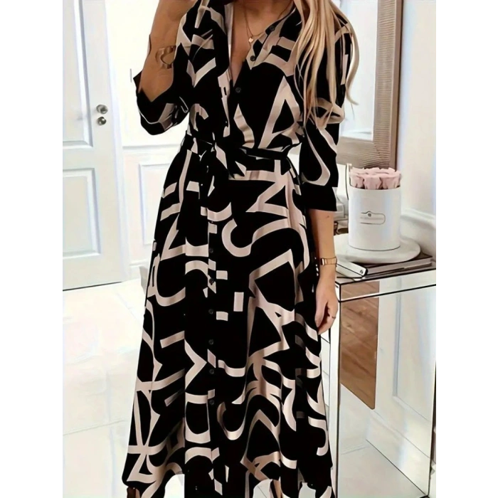 Kadın Uzun Kollu Yakalı önden Düğmeli Uzun Süprem Elbise