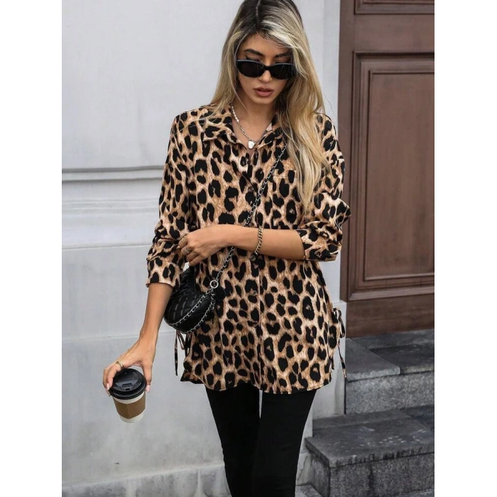 Kadın Uzun Kollu Yakalı önden Düğmeli Yandan Bağcıklı Leopar Desenli Modal Bluz
