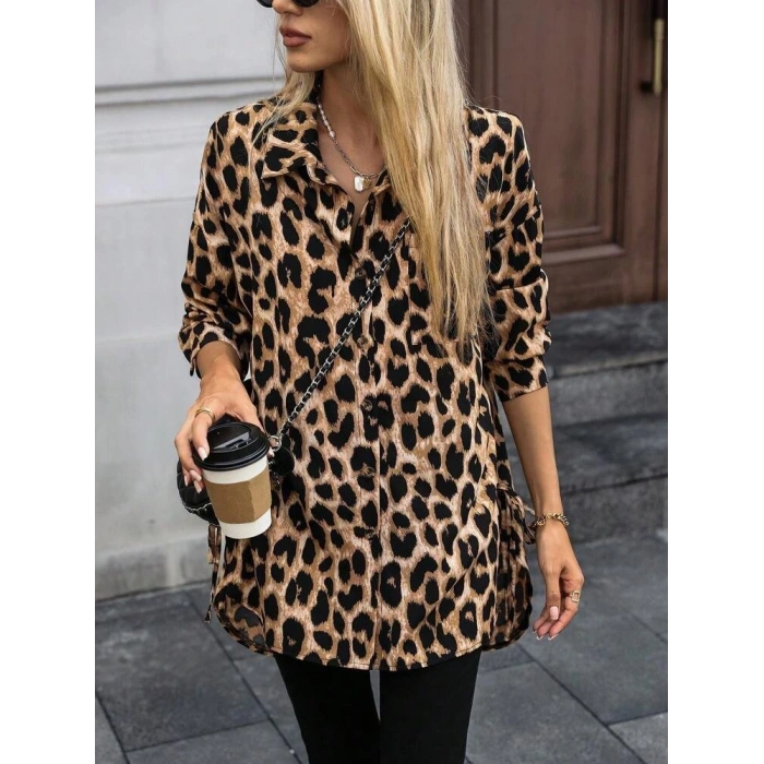 Kadın Uzun Kollu Yakalı önden Düğmeli Yandan Bağcıklı Leopar Desenli Modal Bluz