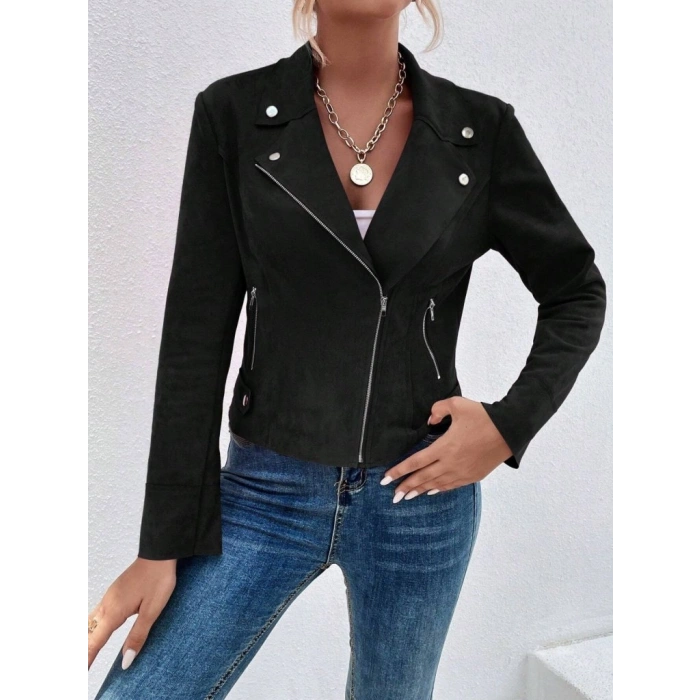 Kadın Uzun Kollu Yakalı önden Fermuarlı Kısa Süet Ceket