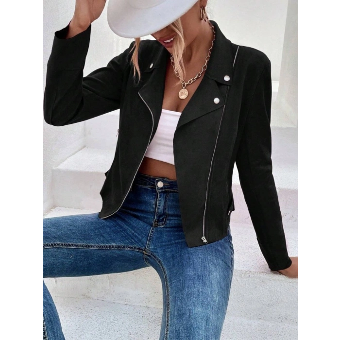 Kadın Uzun Kollu Yakalı önden Fermuarlı Kısa Süet Ceket