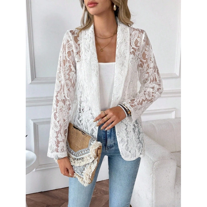 Kadın Uzun Kollu Yakalı önü Açık Dantelli Ceket
