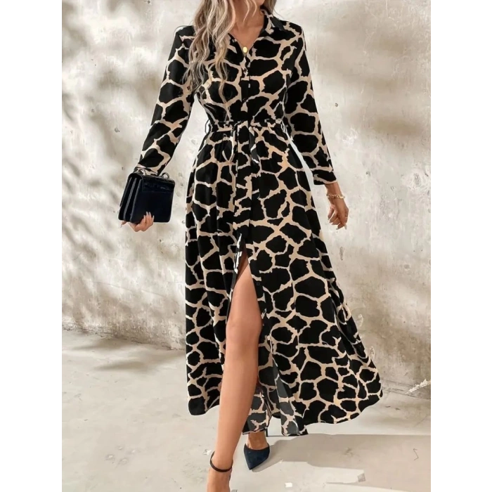 Kadın Uzun Kollu Yakalı önü Düğmeli Desenli Belden Kuşaklı Uzun Süprem Elbise