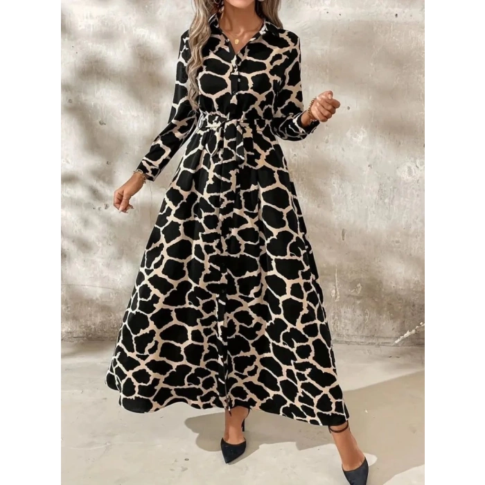 Kadın Uzun Kollu Yakalı önü Düğmeli Desenli Belden Kuşaklı Uzun Süprem Elbise