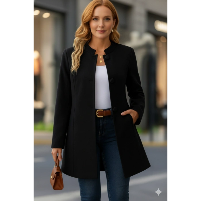 Kadın Uzun Kollu Yakalı önü Düğmeli Ithal Kaşe Astarlı Kaban