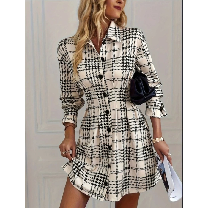 Kadın Uzun Kollu Yakalı önü Düğmeli Mini Modal Elbise