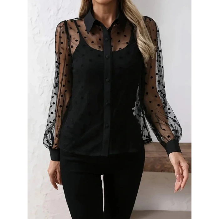 Kadın Uzun Kollu Yakalı şeffaf Tül Detaylı Ve Viskon Atlet Ikili Takım