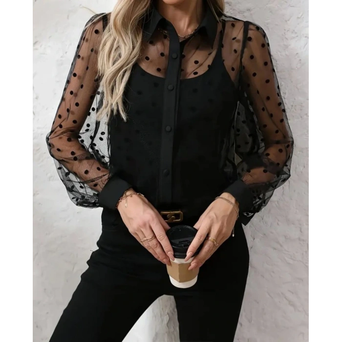 Kadın Uzun Kollu Yakalı şeffaf Tül Detaylı Ve Viskon Atlet Ikili Takım