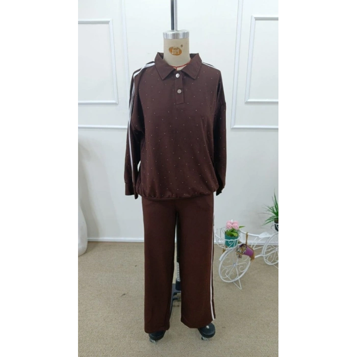 Kadın Uzun Kollu Yakalı şerit Detaylı Viskon Iki Iplik Bluz Ve Pantolon Ikili Takım