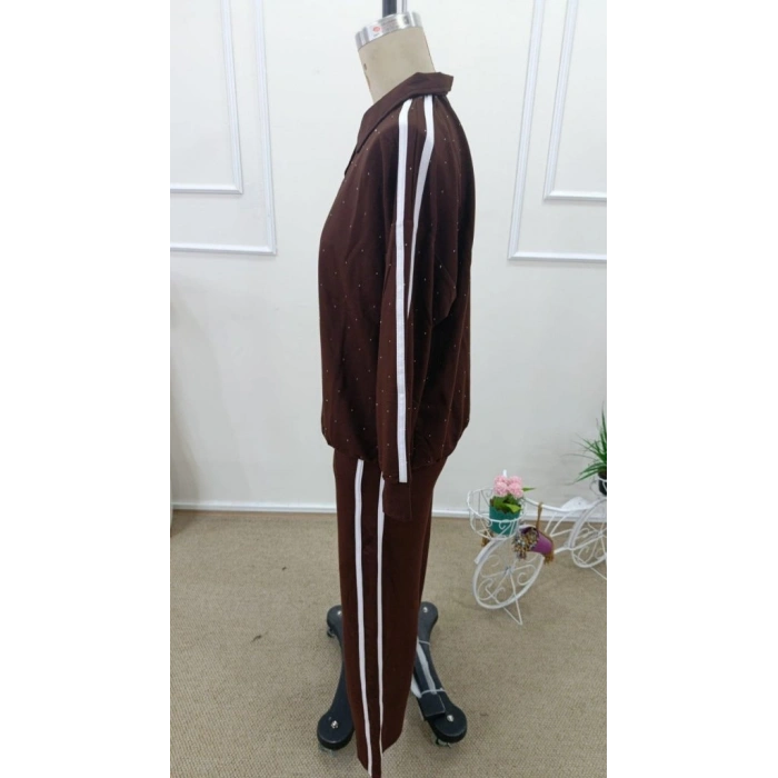 Kadın Uzun Kollu Yakalı şerit Detaylı Viskon Iki Iplik Bluz Ve Pantolon Ikili Takım