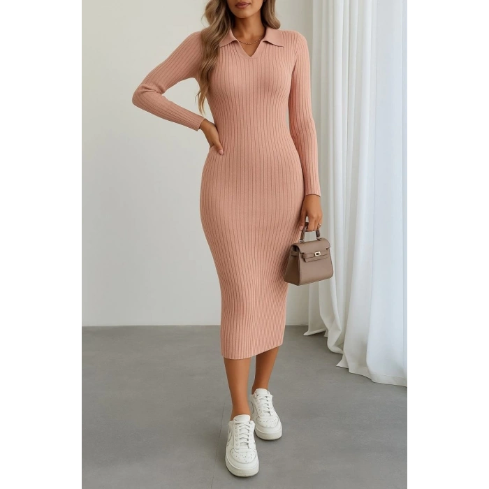 Kadın Uzun Kollu Yakalı Triko Elbise