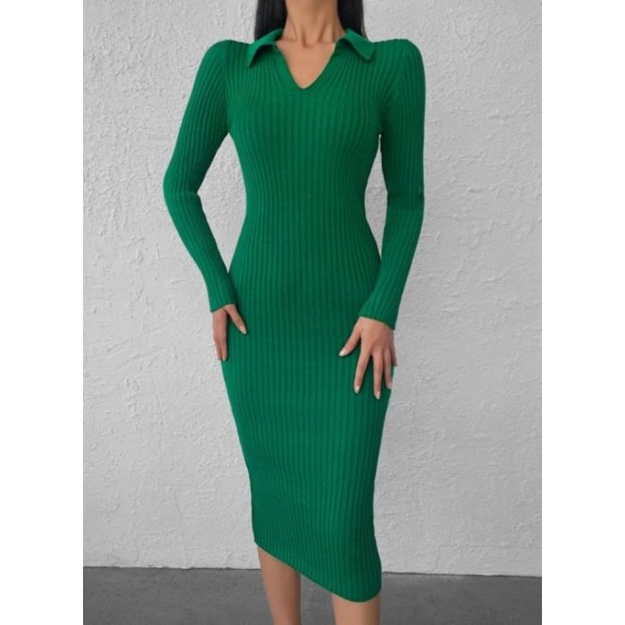 Kadın Uzun Kollu Yakalı Triko Elbise