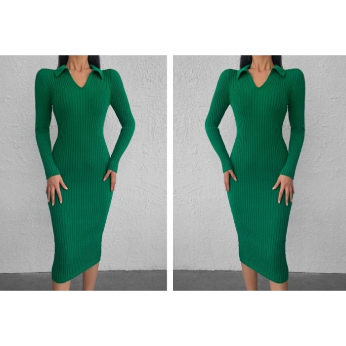 Kadın Uzun Kollu Yakalı Triko Elbise