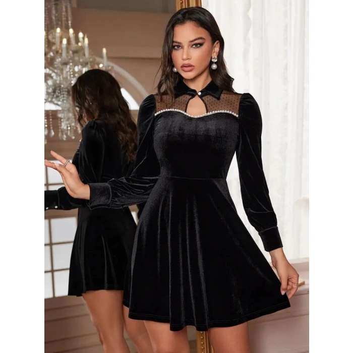 Kadın Uzun Kollu Yakalı Tül Detaylı Incili Mini Kadife Elbise