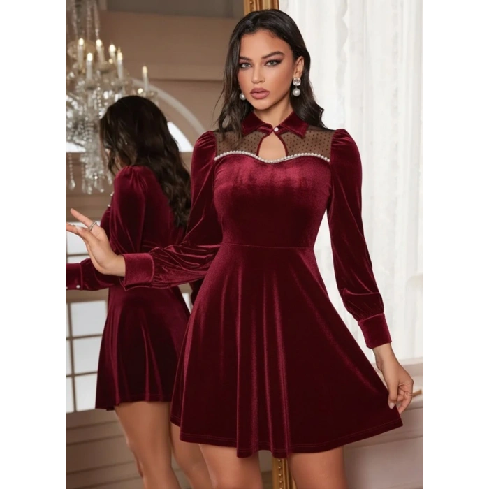 Kadın Uzun Kollu Yakalı Tül Detaylı Incili Mini Kadife Elbise