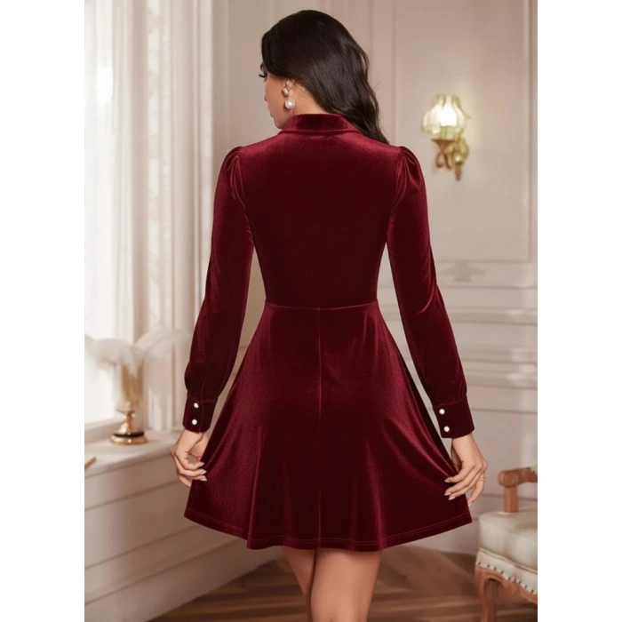 Kadın Uzun Kollu Yakalı Tül Detaylı Incili Mini Kadife Elbise