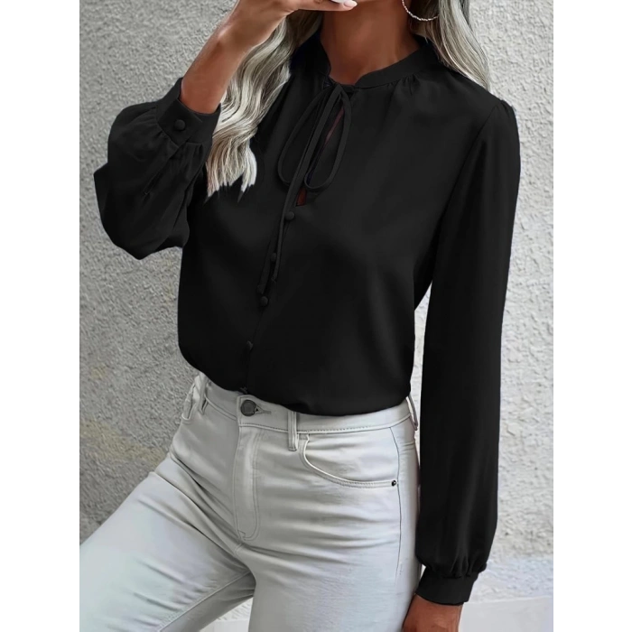 Kadın Uzun Kollu Yakalı Yakadan Bağcıklı Düğmeli Sandy Bluz
