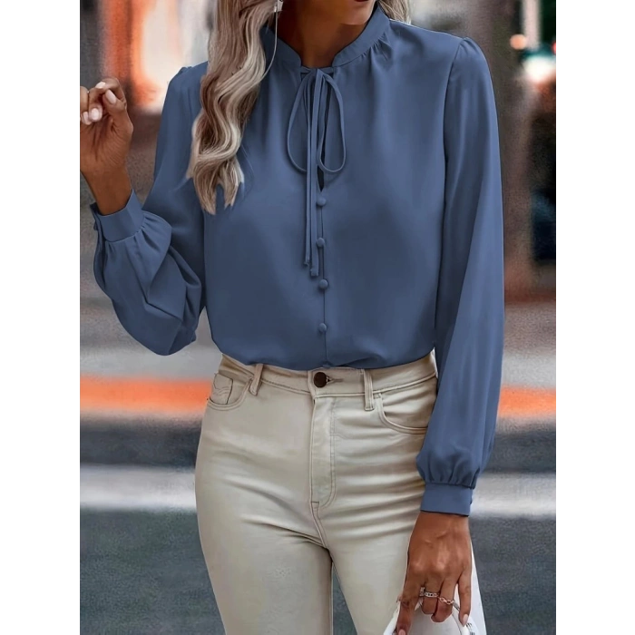 Kadın Uzun Kollu Yakalı Yakadan Bağcıklı Düğmeli Sandy Bluz