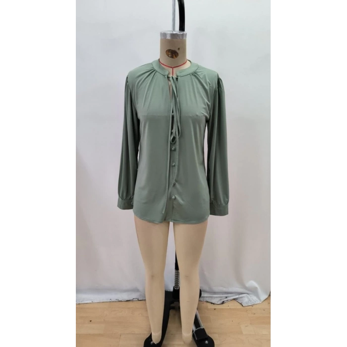 Kadın Uzun Kollu Yakalı Yakadan Bağcıklı Düğmeli Sandy Bluz