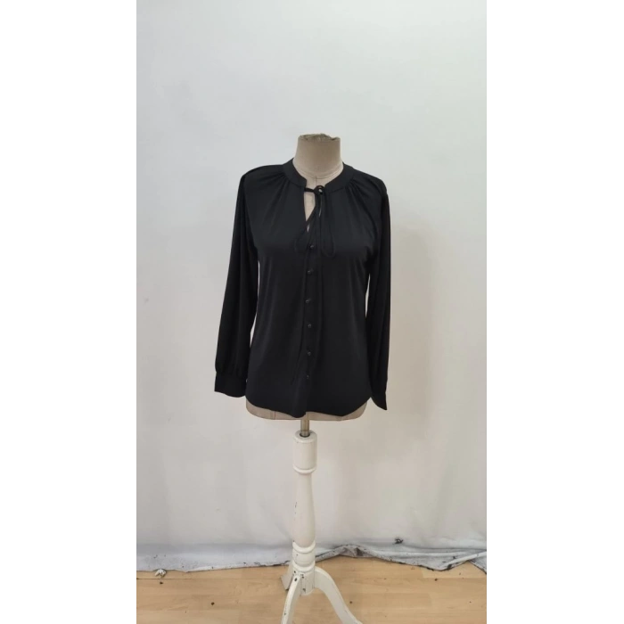 Kadın Uzun Kollu Yakalı Yakadan Bağcıklı Düğmeli Sandy Bluz