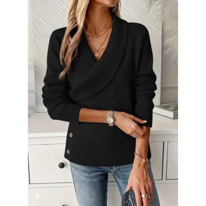 Kadın Uzun Kollu Yakalı Yandan Düğmeli Triko Bluz