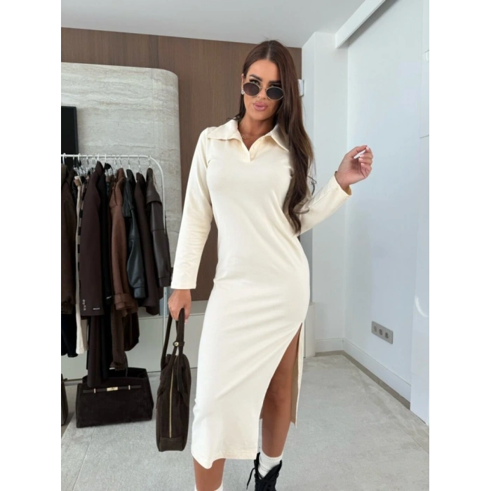 Kadın Uzun Kollu Yakalı Yandan Yırtmaçlı Midi Modal Elbise