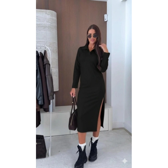 Kadın Uzun Kollu Yakalı Yandan Yırtmaçlı Midi Modal Elbise