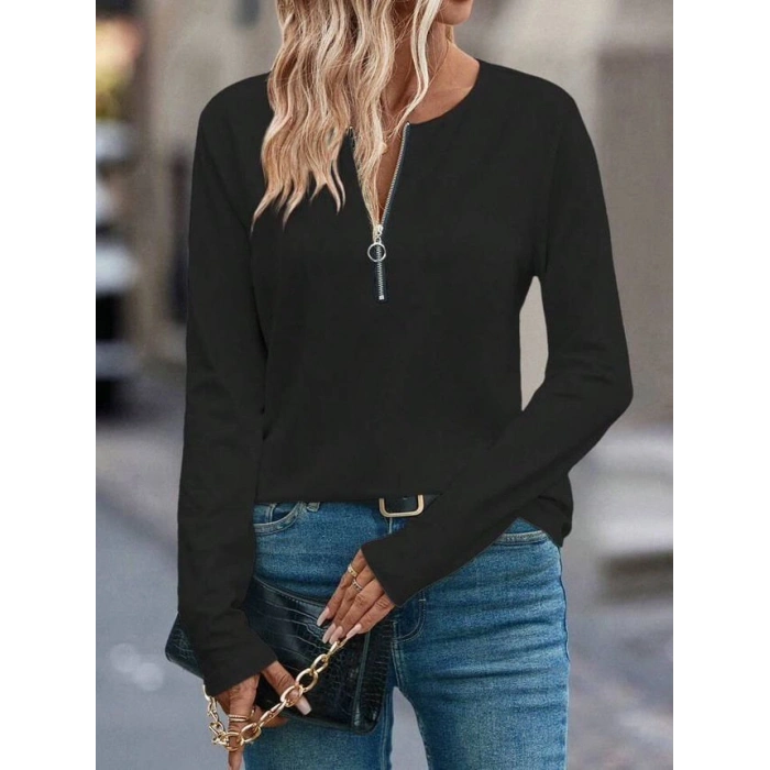 Kadın Uzun Kollu Yakası Açık Fermuarlı Viskon Bluz