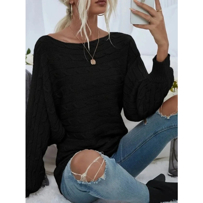 Kadın Uzun Kollu Yakası Açık Saç örgü Desenli Triko Bluz