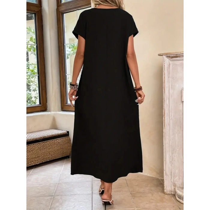 Kadın Uzun Kollu Yakası Açık Viskon Elbise