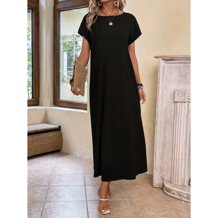 Kadın Uzun Kollu Yakası Açık Viskon Elbise