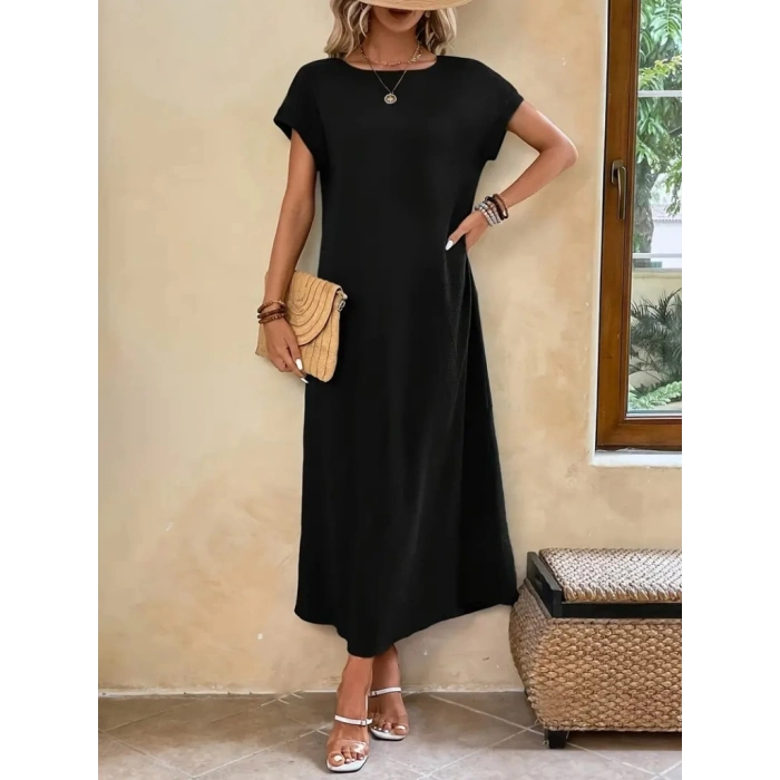 Kadın Uzun Kollu Yakası Açık Viskon Elbise