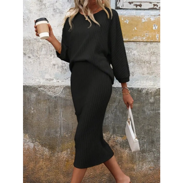 Kadın Uzun Kollu Yakası Açık Yarasa Kollu şardonlu Kaşkorse Bluz Ve Etek Takım