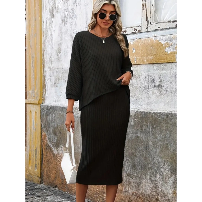 Kadın Uzun Kollu Yakası Açık Yarasa Kollu şardonlu Kaşkorse Bluz Ve Etek Takım