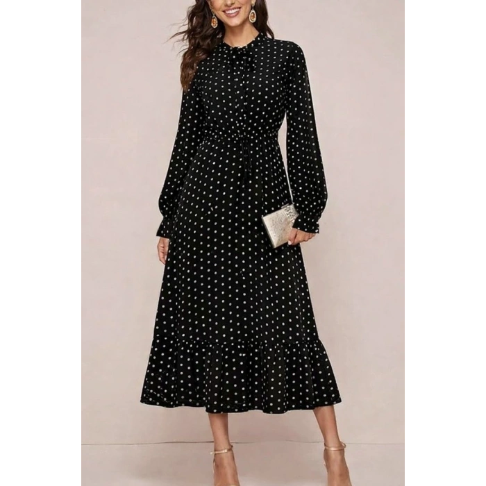 Kadın Uzun Kollu Yakası Bağcıklı Uzun Puantiyeli Krep Maxi Elbise