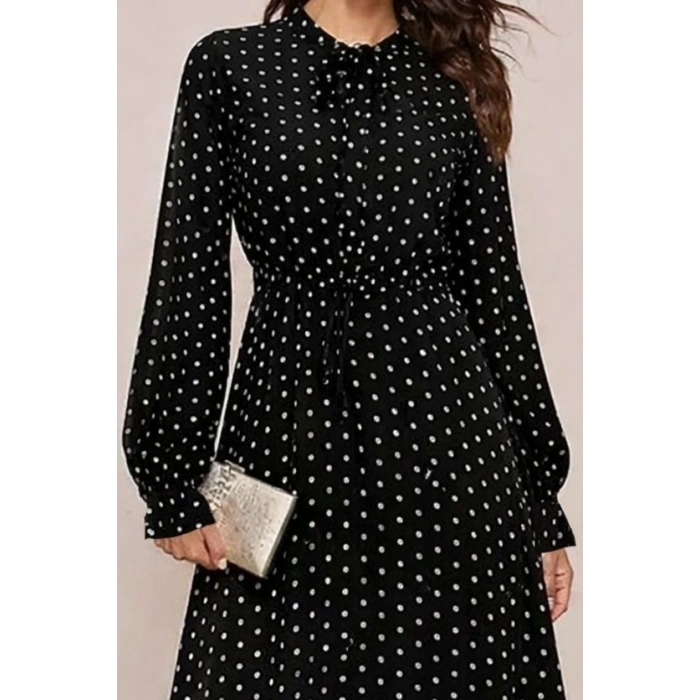 Kadın Uzun Kollu Yakası Bağcıklı Uzun Puantiyeli Krep Maxi Elbise