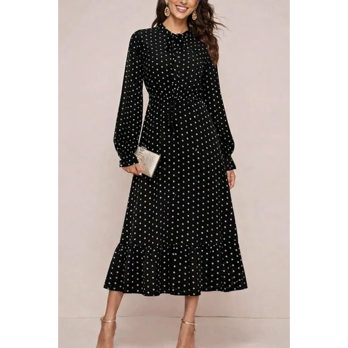 Kadın Uzun Kollu Yakası Bağcıklı Uzun Puantiyeli Krep Maxi Elbise