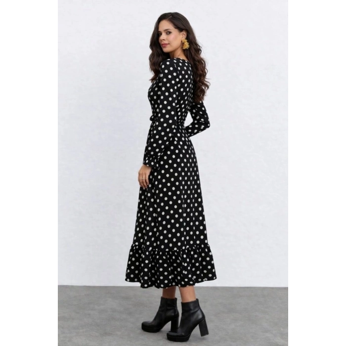 Kadın Uzun Kollu Yakası Bağcıklı Uzun Puantiyeli Krep Maxi Elbise
