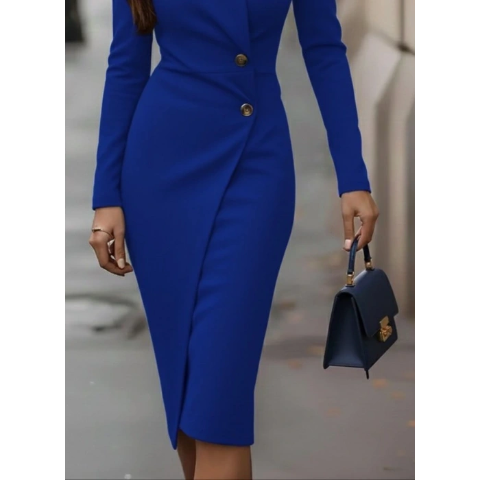 Kadın Uzun Kollu Yandan Düğmeli Kruvaze Yaka Detaylı Midi Ithal Krep Elbise