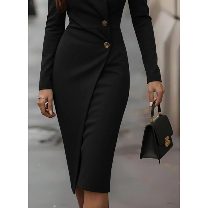 Kadın Uzun Kollu Yandan Düğmeli Kruvaze Yaka Detaylı Midi Ithal Krep Elbise