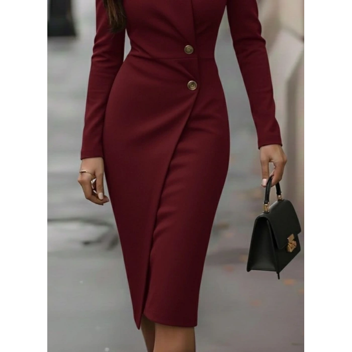 Kadın Uzun Kollu Yandan Düğmeli Kruvaze Yaka Detaylı Midi Ithal Krep Elbise