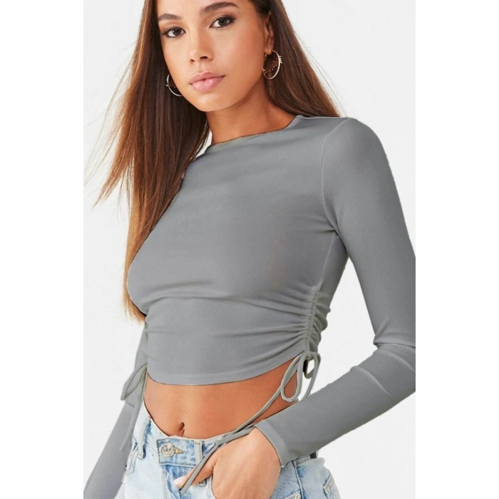 Kadın Uzun Kollu Yanlar Büzgü Detay Kaşkorse Crop